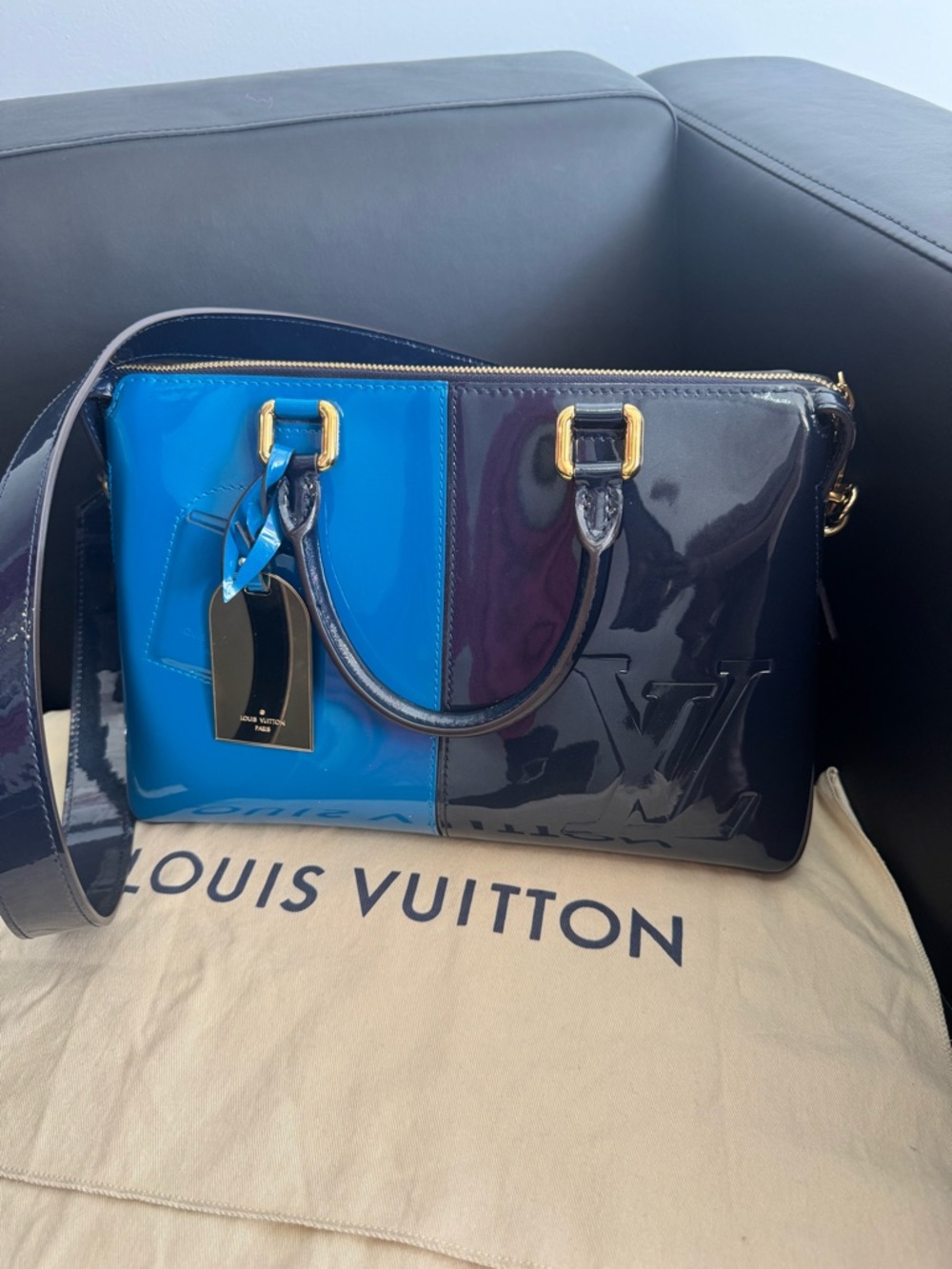 Louis Vuitton Two-Tone Blue Patent Leather Satchel with Gold Hardware